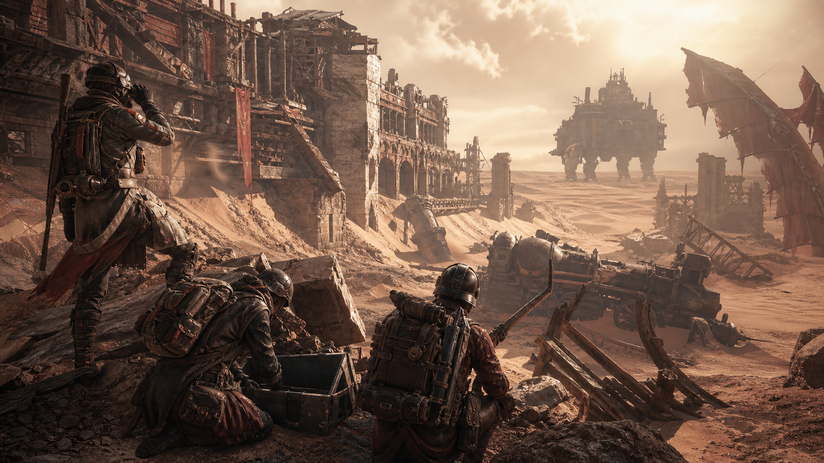 Scavenger raiders searching desert ruins while a walking fortress moves on the horizon