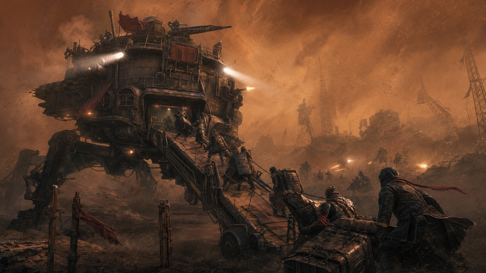 Raiders defending a walking fortress extraction ramp during a desert storm