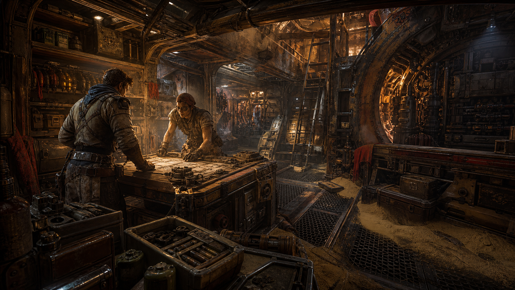 Raiders planning Trampler upgrades inside a dieselpunk walking fortress workshop