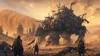A dieselpunk walking fortress crossing the desert in SAND: Raiders of Sophie inspired survival art