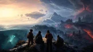 A crew of survivors overlooking ocean depths, frozen wilderness, floating settlements, and volcanic industrial terrain