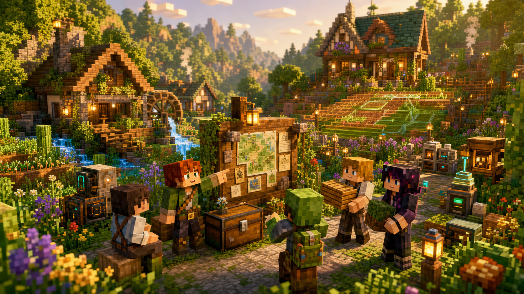 Players gathering around a Verdant Idea community settlement notice board
