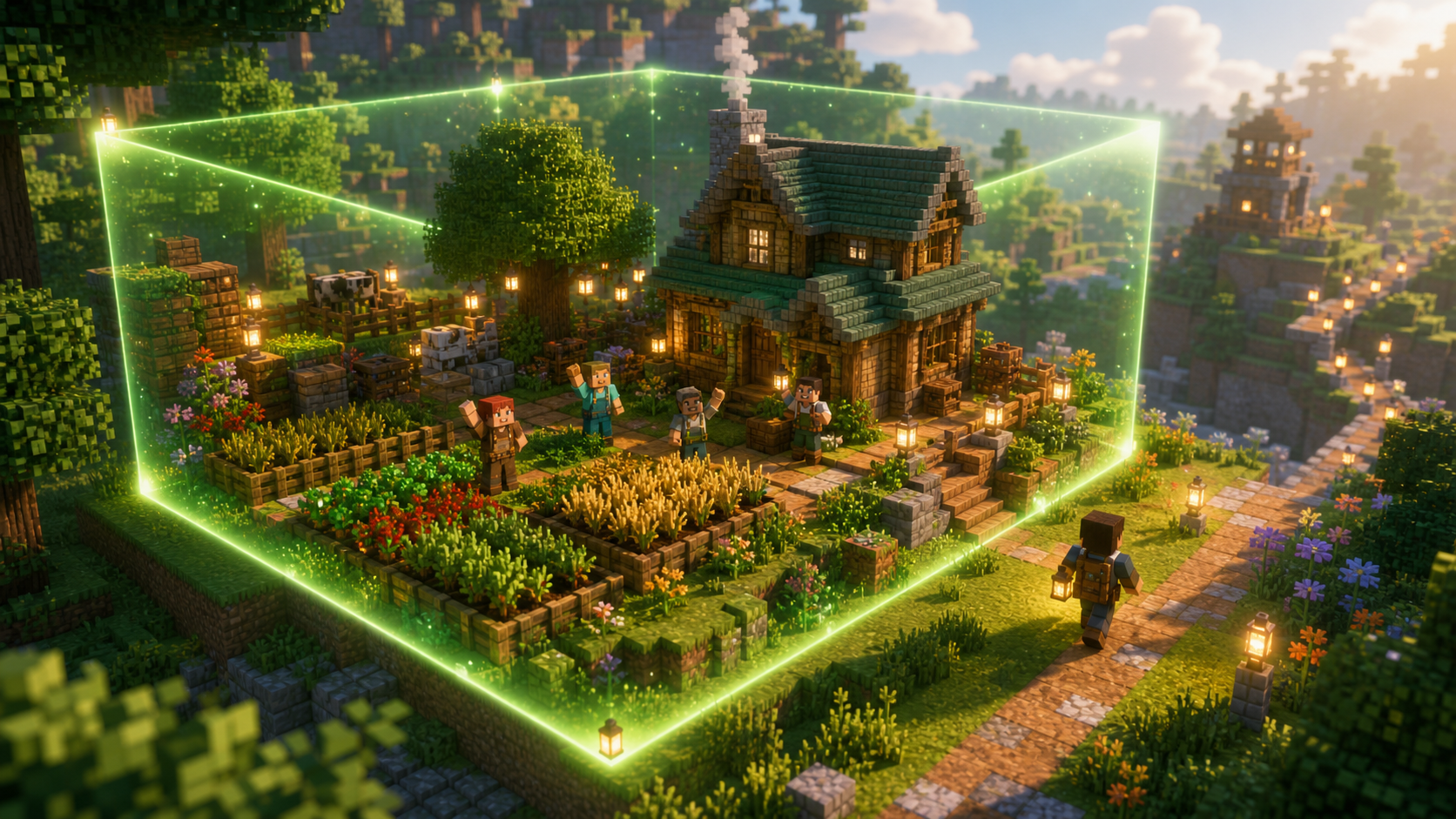 A protected Verdant Idea base surrounded by a glowing land-claim boundary