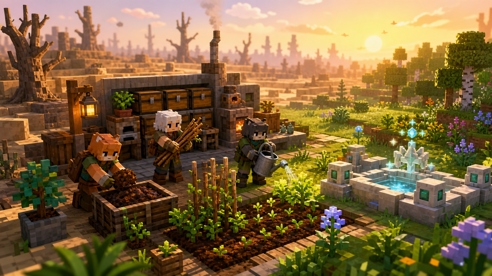 Verdant Idea survival starters outpost with crops, storage, mana, and early tools